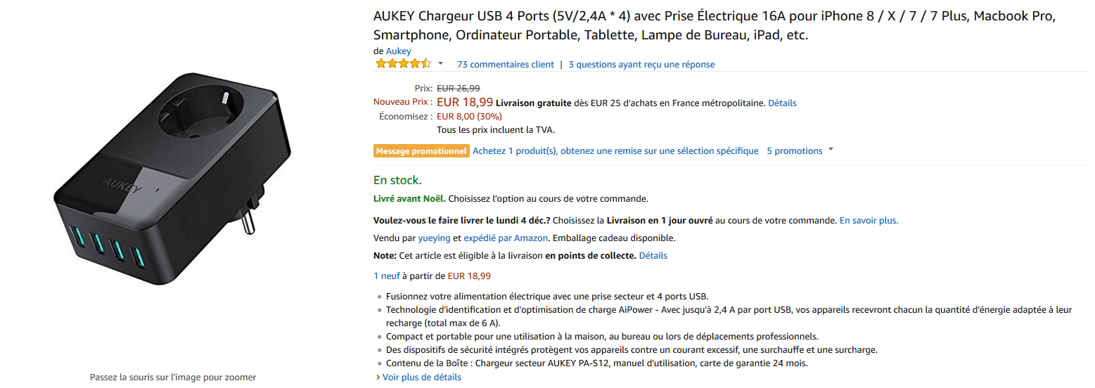 amazon chargeur 4 ports aukey secteur