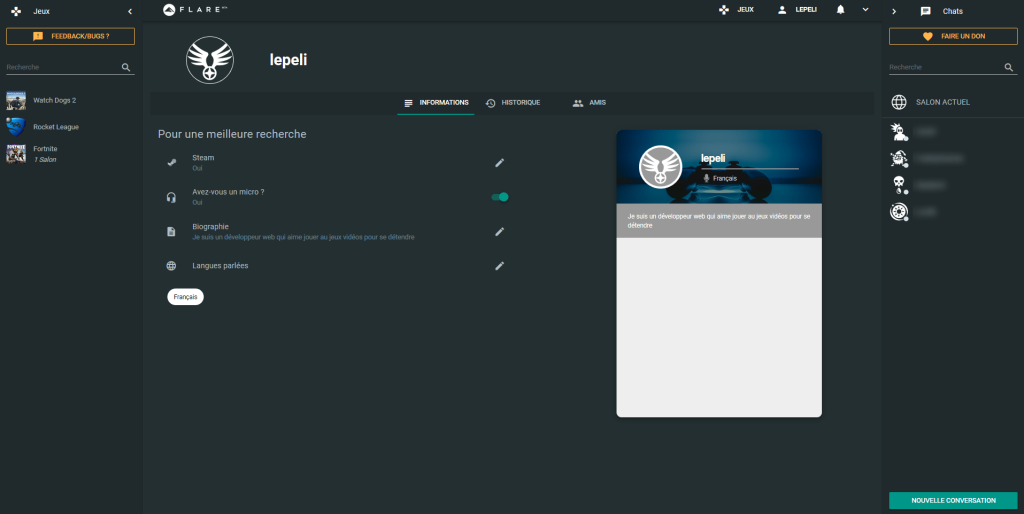 capture d'écran du menu d'accueil sur flare