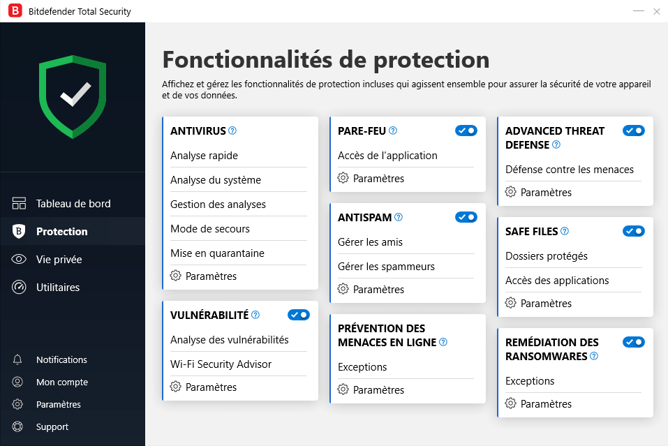 Fonctionnalités de protection de l'antivirus