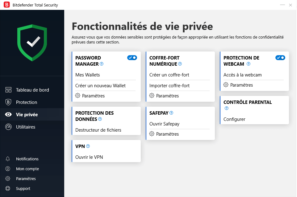 Section "vie privée" de l'antivirus